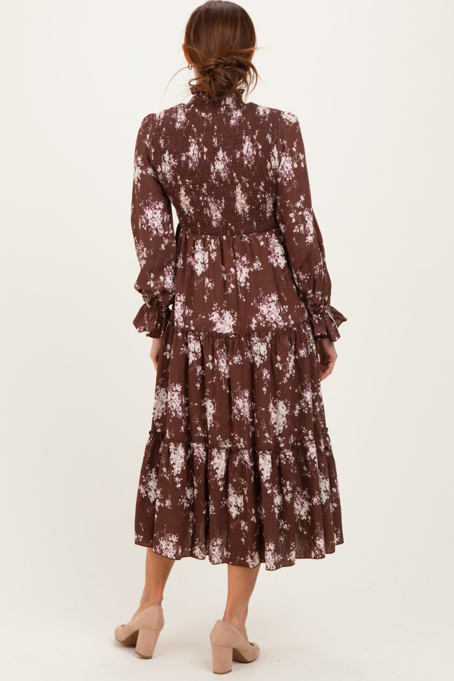 Brown Floral Smocked Ruffle Tier Midi Dress