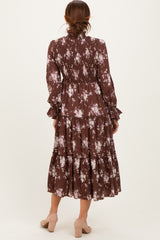 Brown Floral Smocked Ruffle Tier Midi Dress