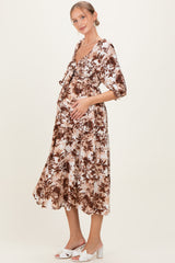 Brown Floral Smocked Front Tie Maternity Maxi Dress
