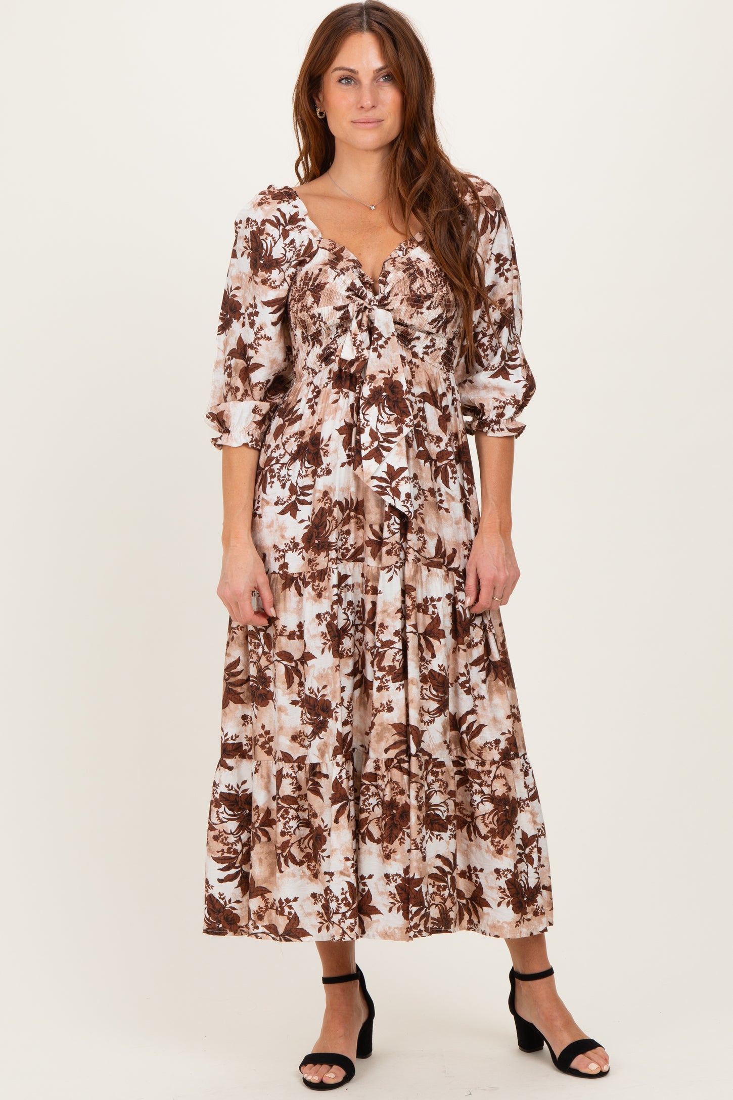 Brown Floral Smocked Front Tie Maternity Maxi Dress