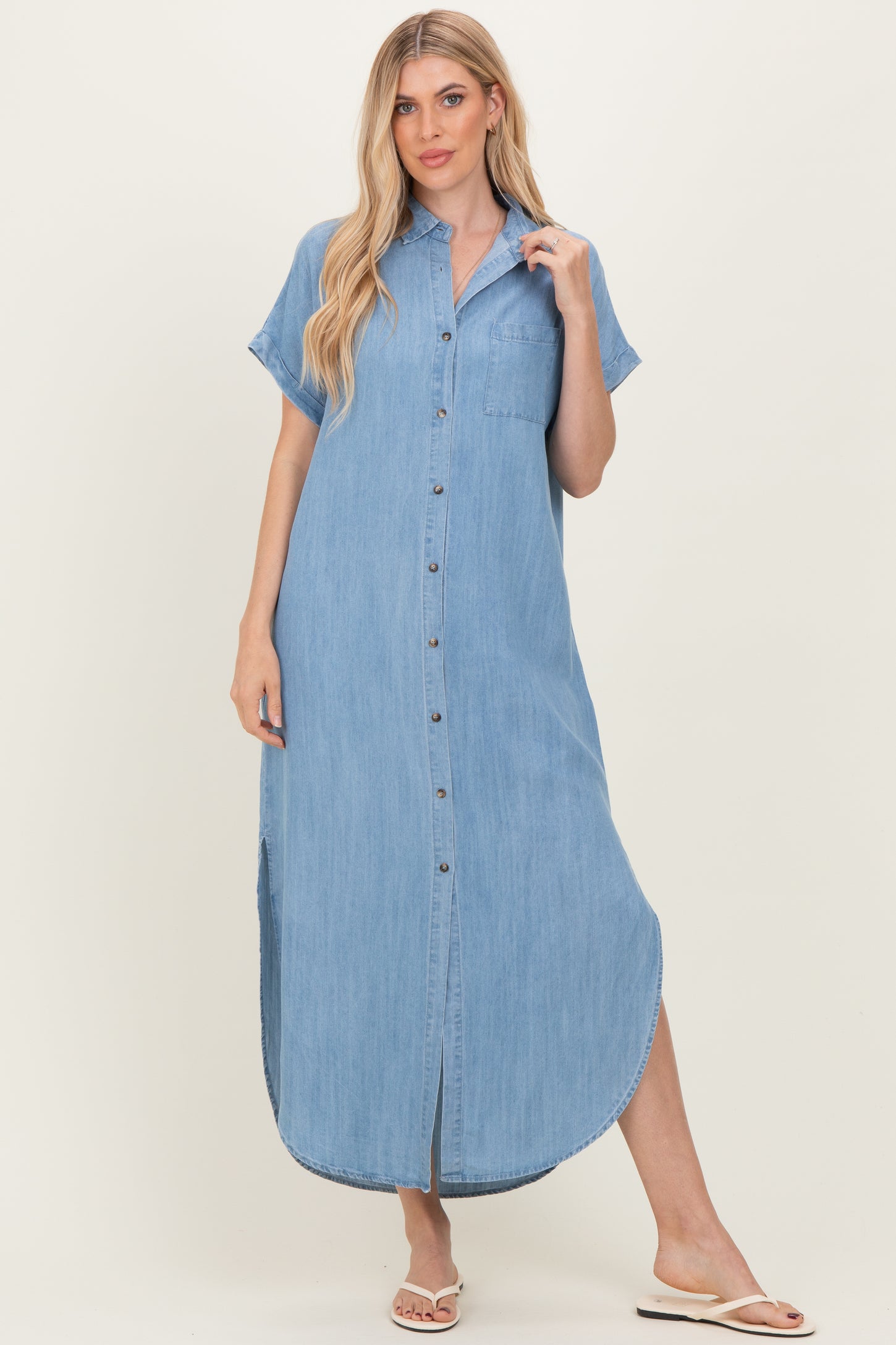 Light Blue Chambray Button Down Shirt Dress