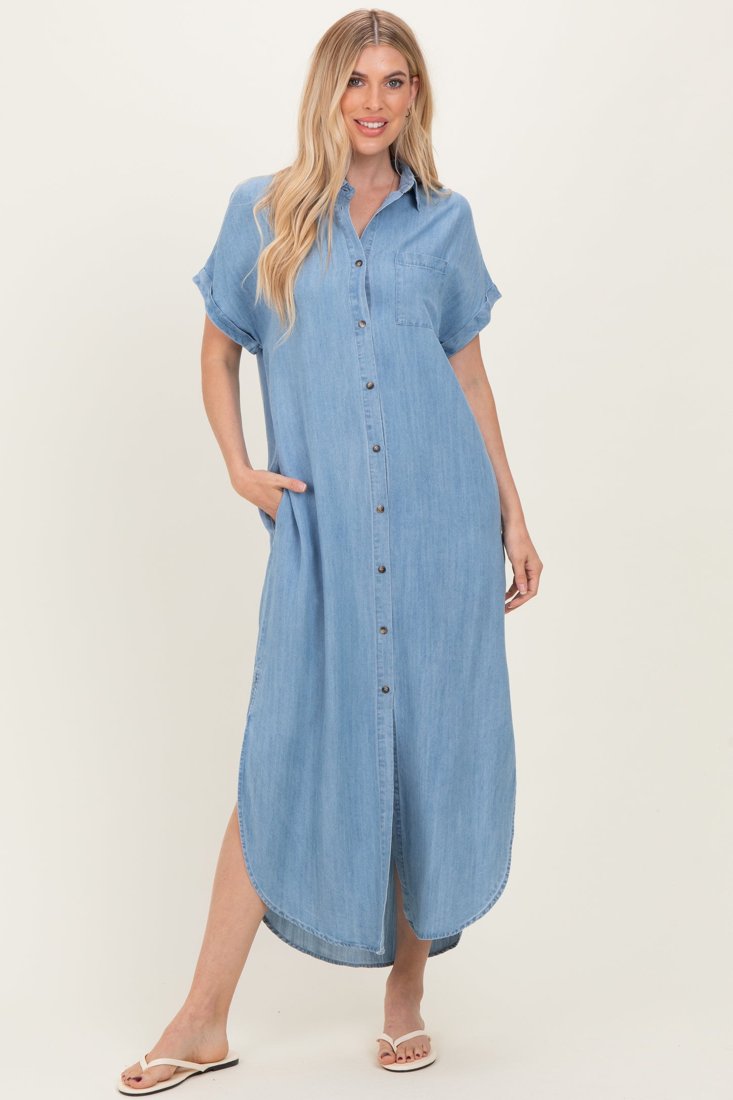Light Blue Chambray Button Down Shirt Dress