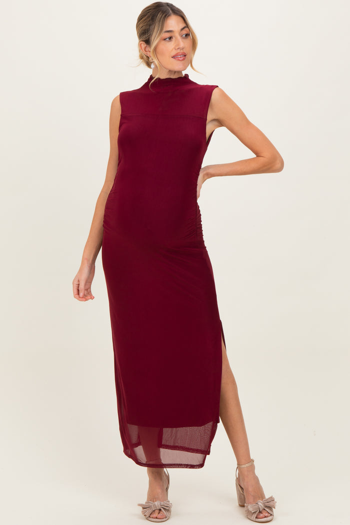 Burgundy Mock Neck Ruched Mesh Maternity Midi Dress