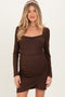 Brown Ribbed Long Sleeve Ruched Tulip Skirt Maternity Dress