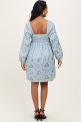 Light Blue Damask Jacquard Long Sleeve Maternity Dress