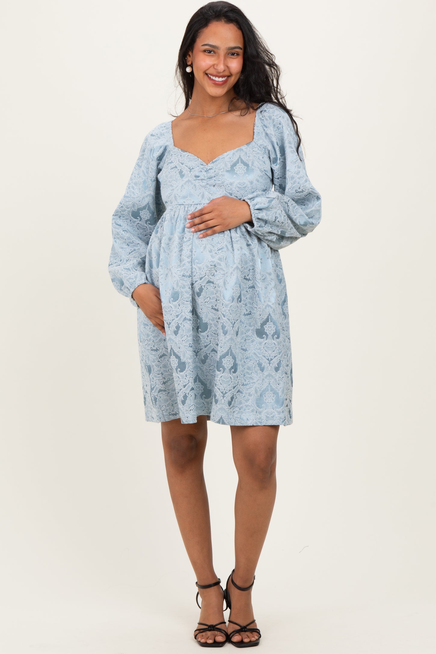 Light Blue Damask Jacquard Long Sleeve Maternity Dress