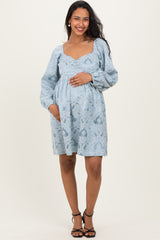 Light Blue Damask Jacquard Long Sleeve Maternity Dress