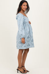 Light Blue Damask Jacquard Long Sleeve Maternity Dress