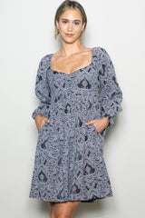 Charcoal Damask Jacquard Long Sleeve Dress