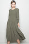 Olive Textured Stripe Smocked Midi Dress