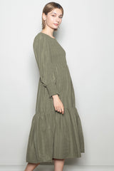 Olive Textured Stripe Smocked Midi Dress
