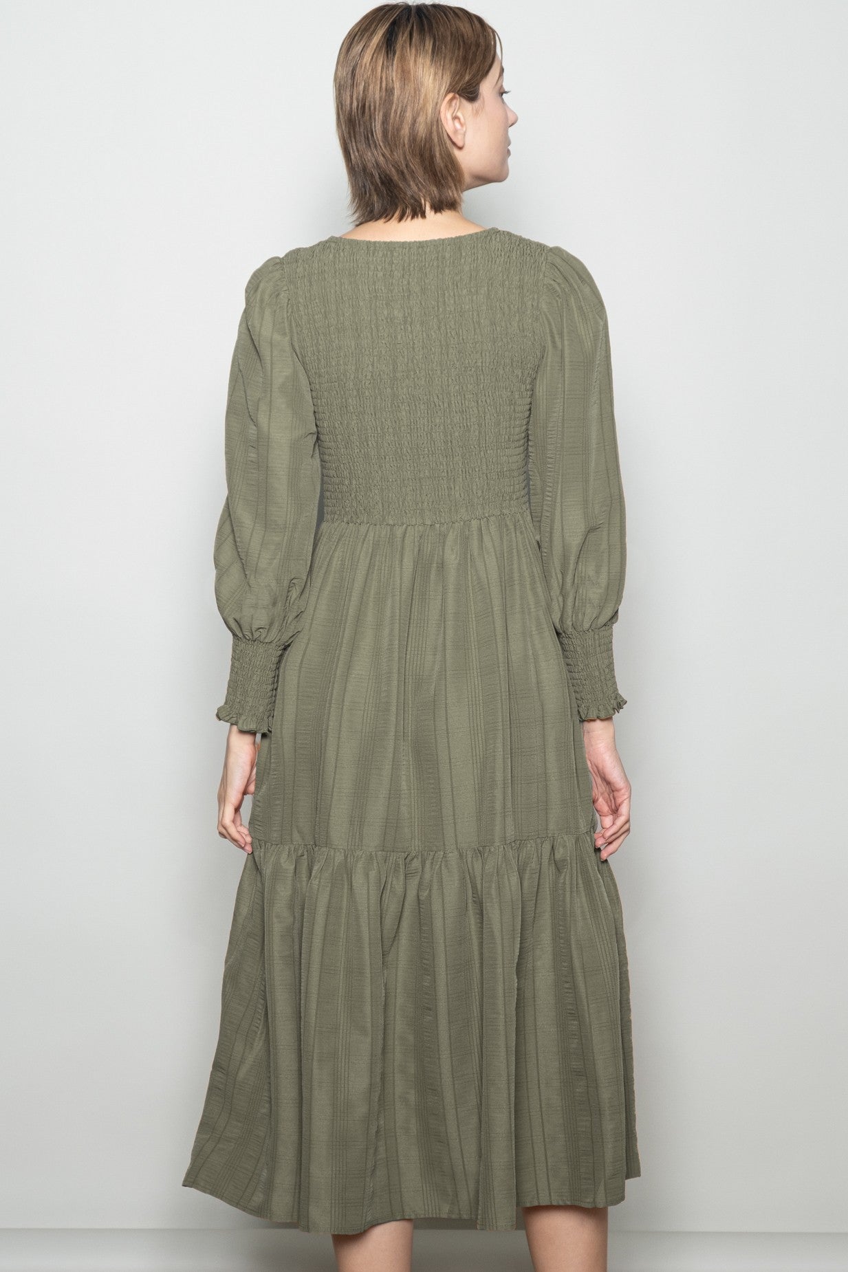 Olive Textured Stripe Smocked Midi Dress