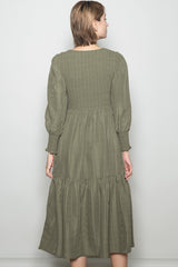 Olive Textured Stripe Smocked Midi Dress