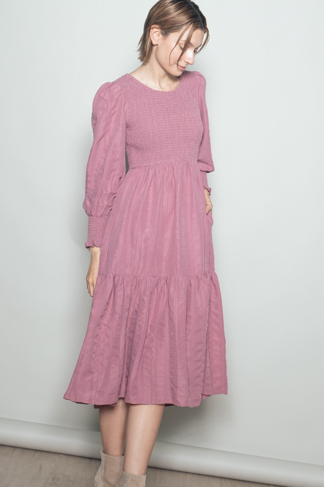Mauve Textured Stripe Smocked Maternity Midi Dress