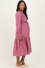 Mauve Textured Stripe Smocked Maternity Midi Dress