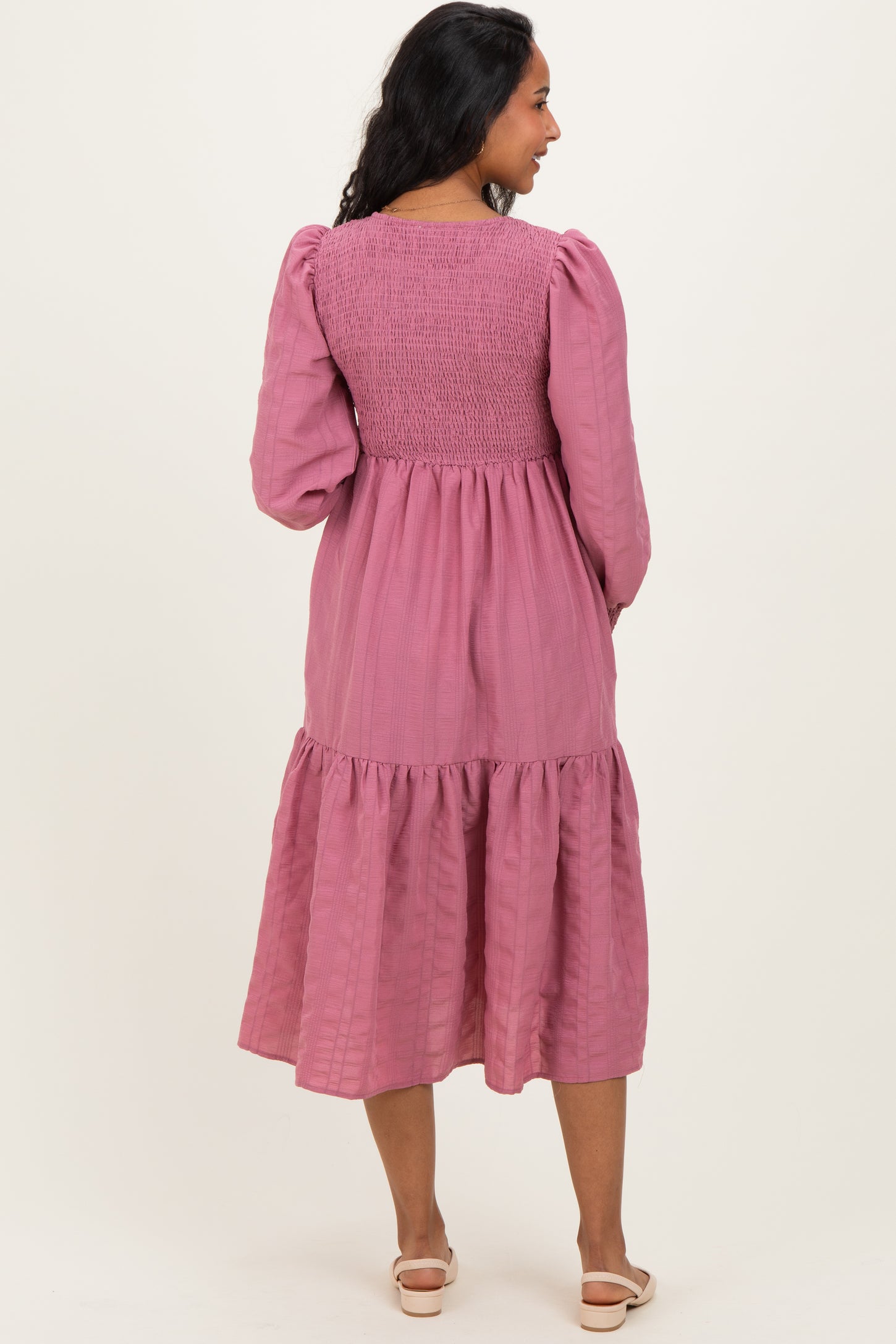 Mauve Textured Stripe Smocked Maternity Midi Dress