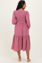 Mauve Textured Stripe Smocked Maternity Midi Dress