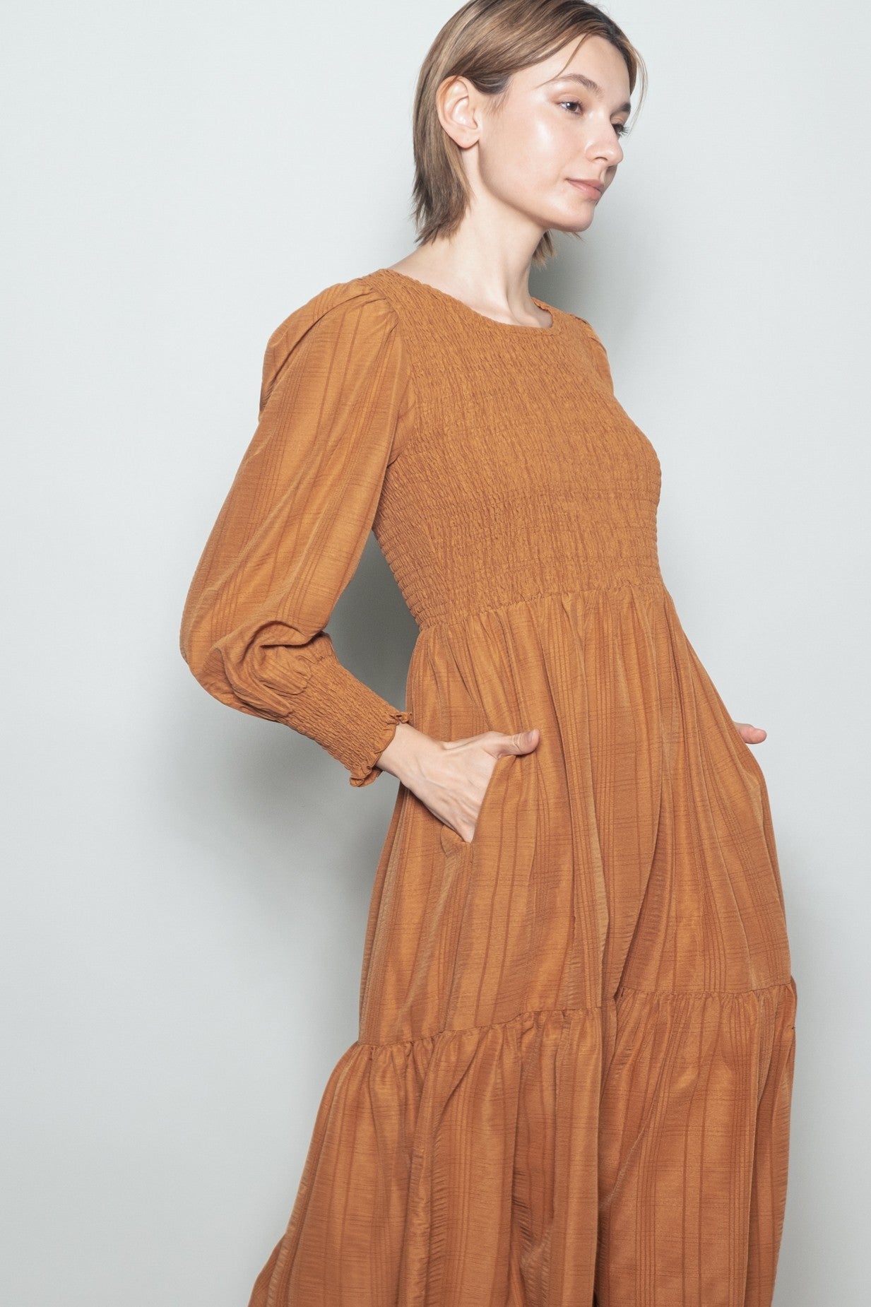 Copper Textured Stripe Smocked Midi Dress