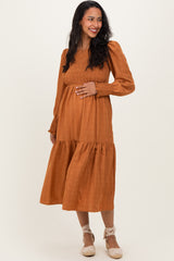Copper Textured Stripe Smocked Maternity Midi Dress