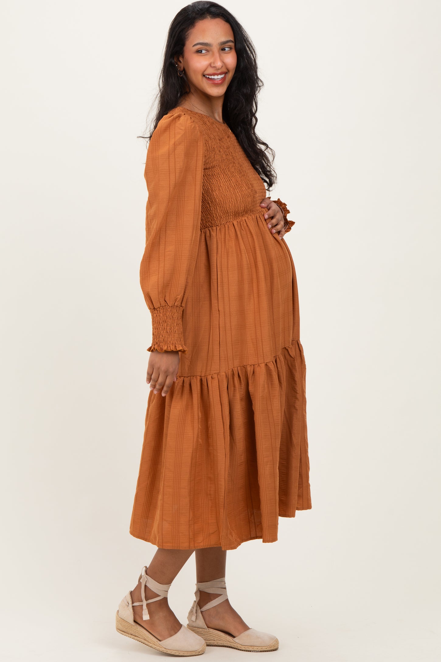 Copper Textured Stripe Smocked Maternity Midi Dress