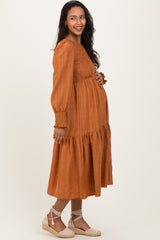 Copper Textured Stripe Smocked Maternity Midi Dress