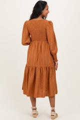 Copper Textured Stripe Smocked Maternity Midi Dress