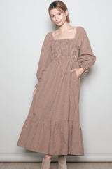Chestnut Plaid Square Neck Long Sleeve Maternity Maxi Dress