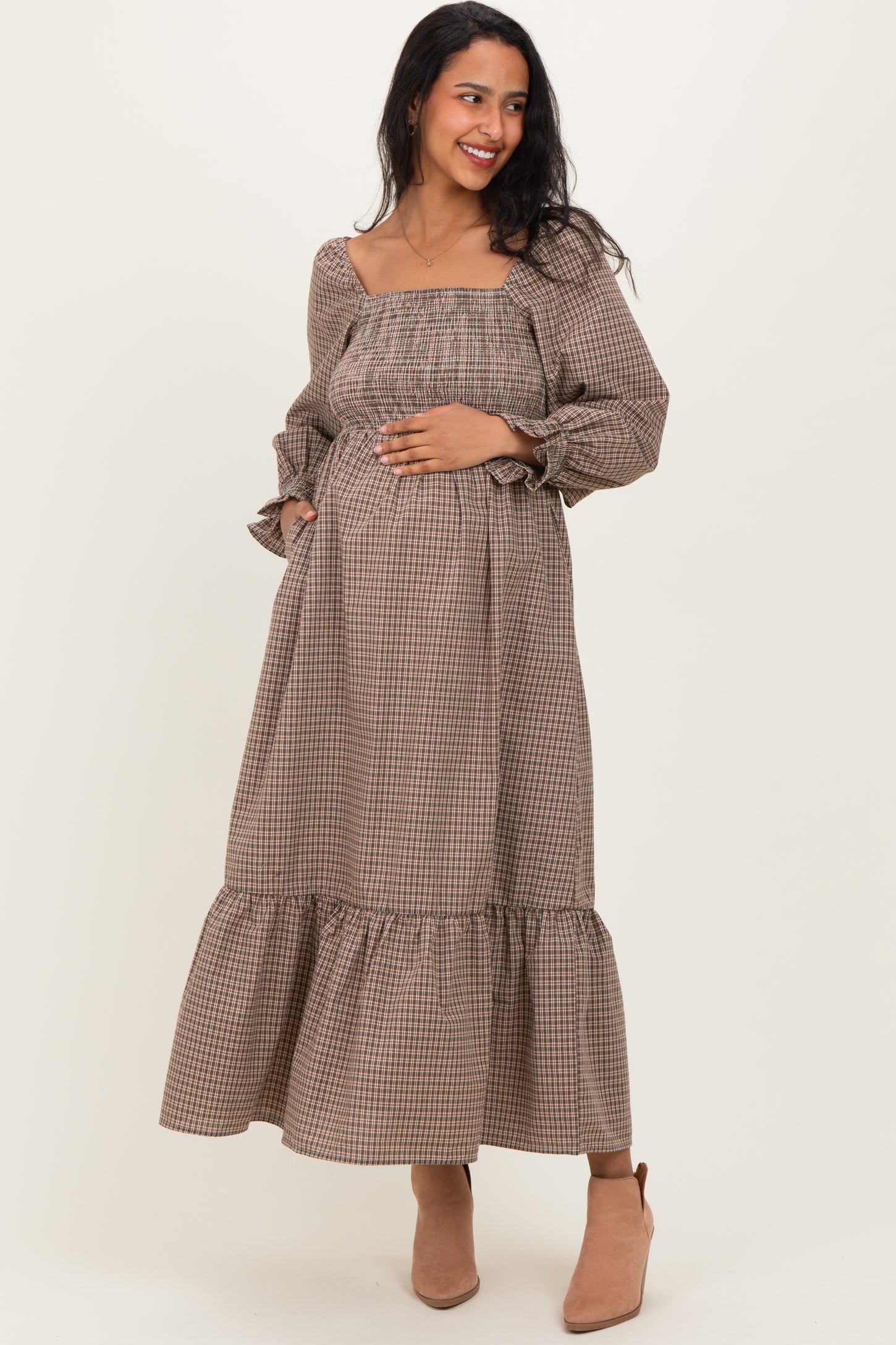 Chestnut Plaid Square Neck Long Sleeve Maternity Maxi Dress