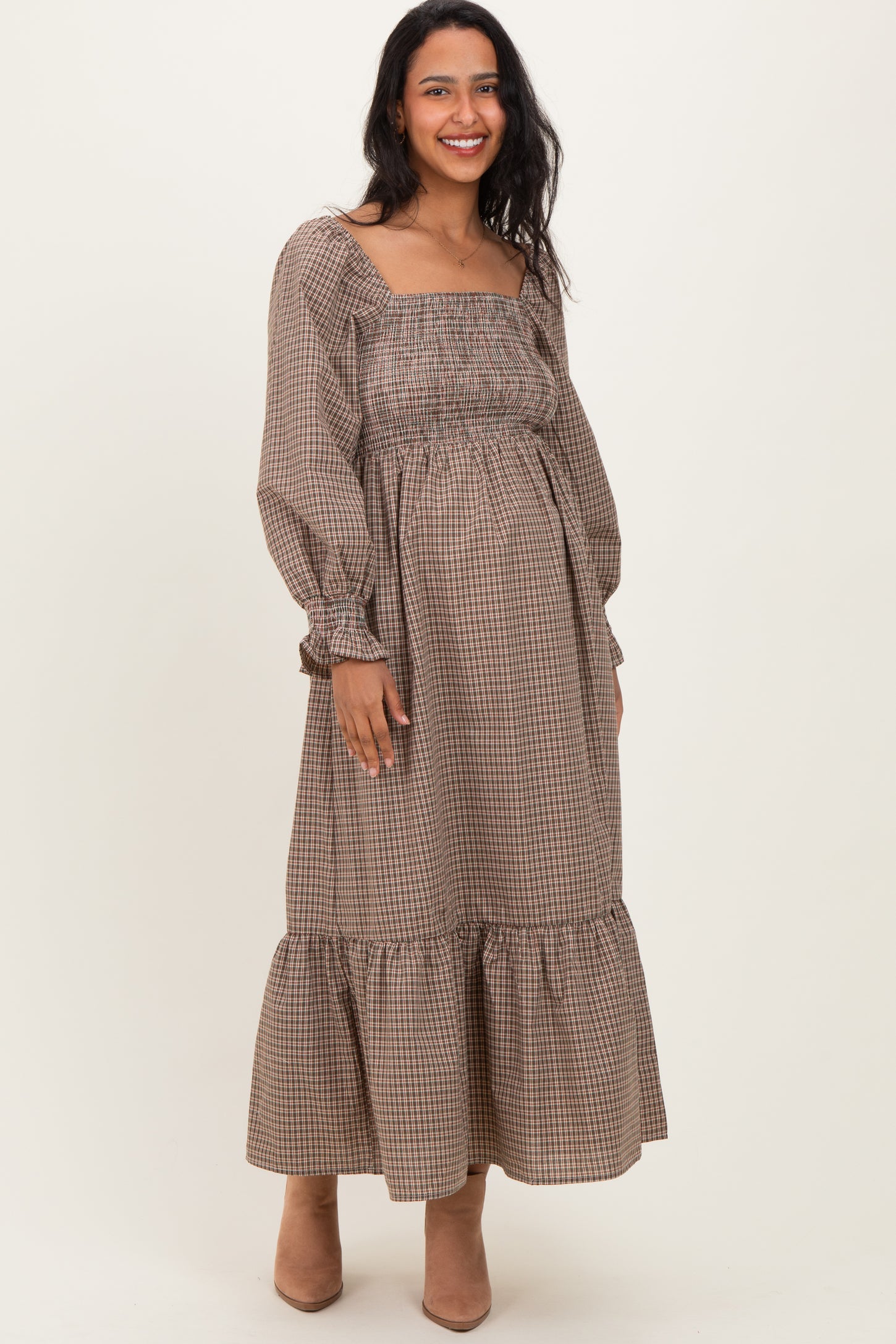 Chestnut Plaid Square Neck Long Sleeve Maternity Maxi Dress