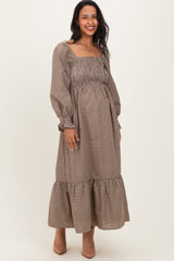 Chestnut Plaid Square Neck Long Sleeve Maternity Maxi Dress