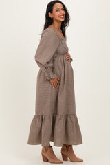 Chestnut Plaid Square Neck Long Sleeve Maternity Maxi Dress