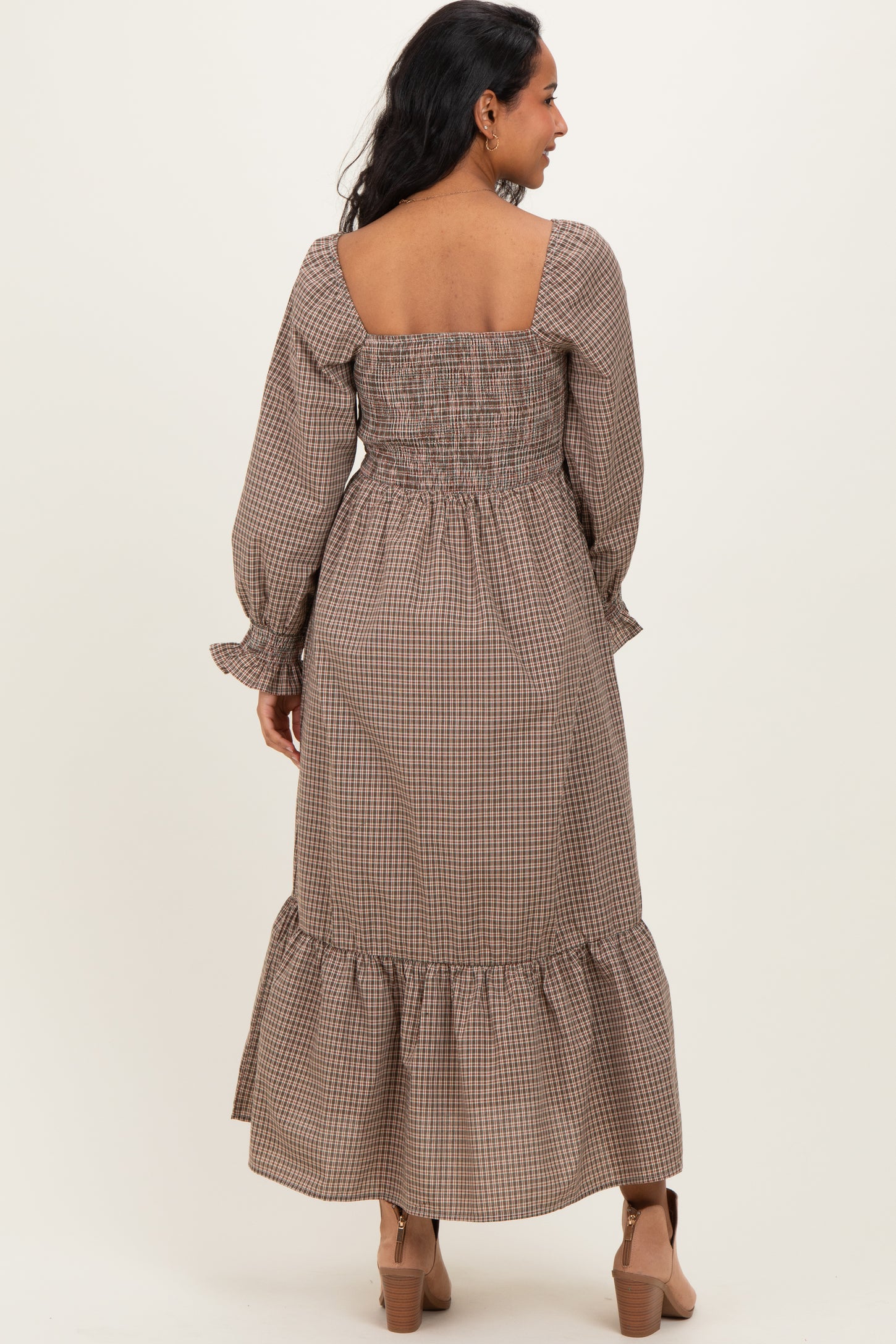 Chestnut Plaid Square Neck Long Sleeve Maternity Maxi Dress