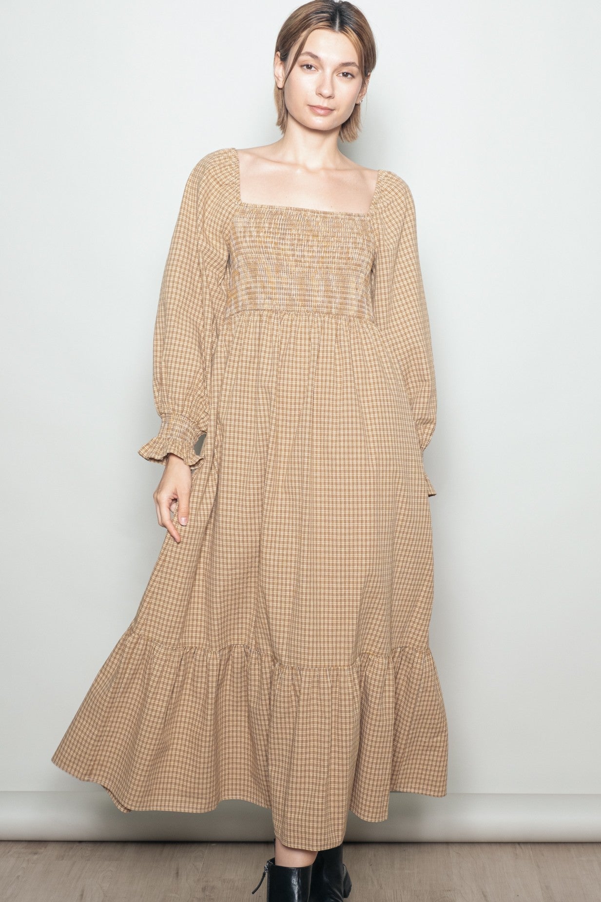 Mustard Plaid Square Neck Long Sleeve Maxi Dress