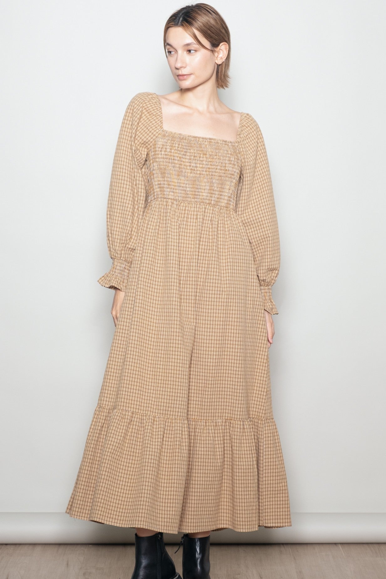 Mustard Plaid Square Neck Long Sleeve Maxi Dress