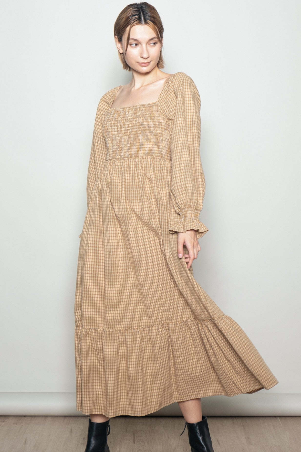 Mustard Plaid Square Neck Long Sleeve Maxi Dress