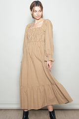 Mustard Plaid Square Neck Long Sleeve Maxi Dress