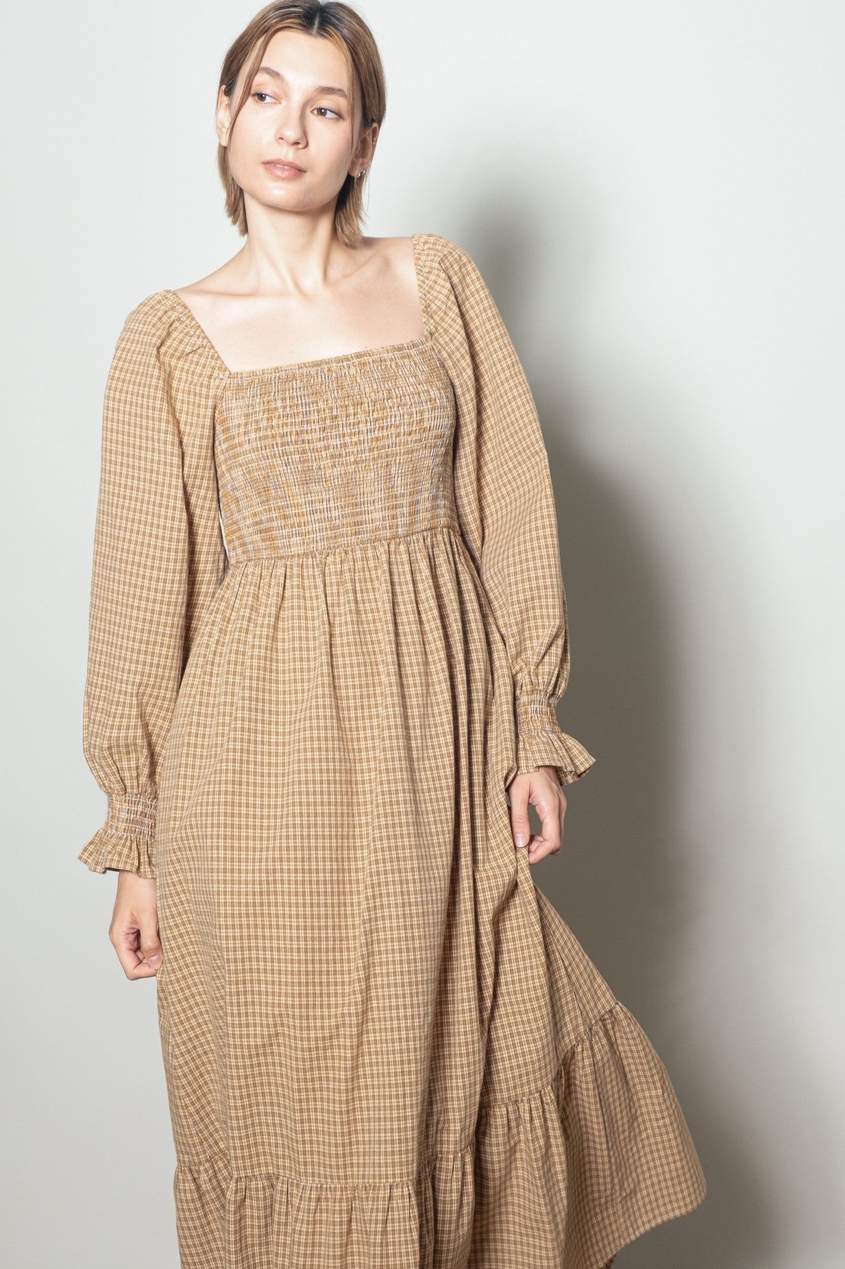 Mustard Plaid Square Neck Long Sleeve Maxi Dress