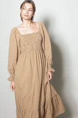 Mustard Plaid Square Neck Long Sleeve Maxi Dress