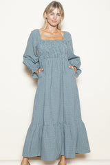 Dusty Blue Plaid Square Neck Long Sleeve Maternity Maxi Dress