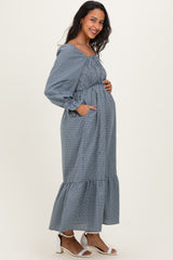 Dusty Blue Plaid Square Neck Long Sleeve Maternity Maxi Dress