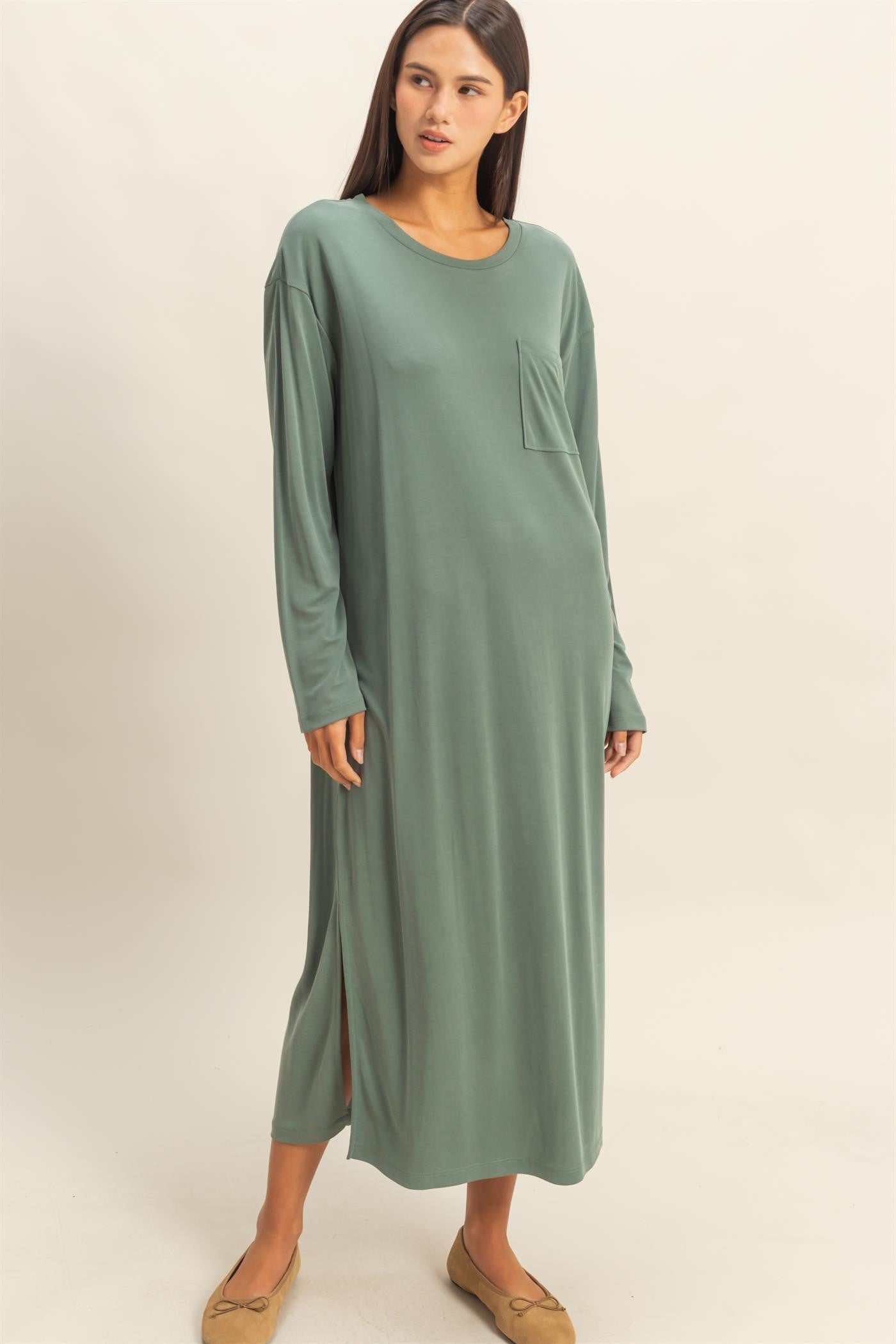 Light Olive Oversized Long Sleeve Maternity Midi Dress