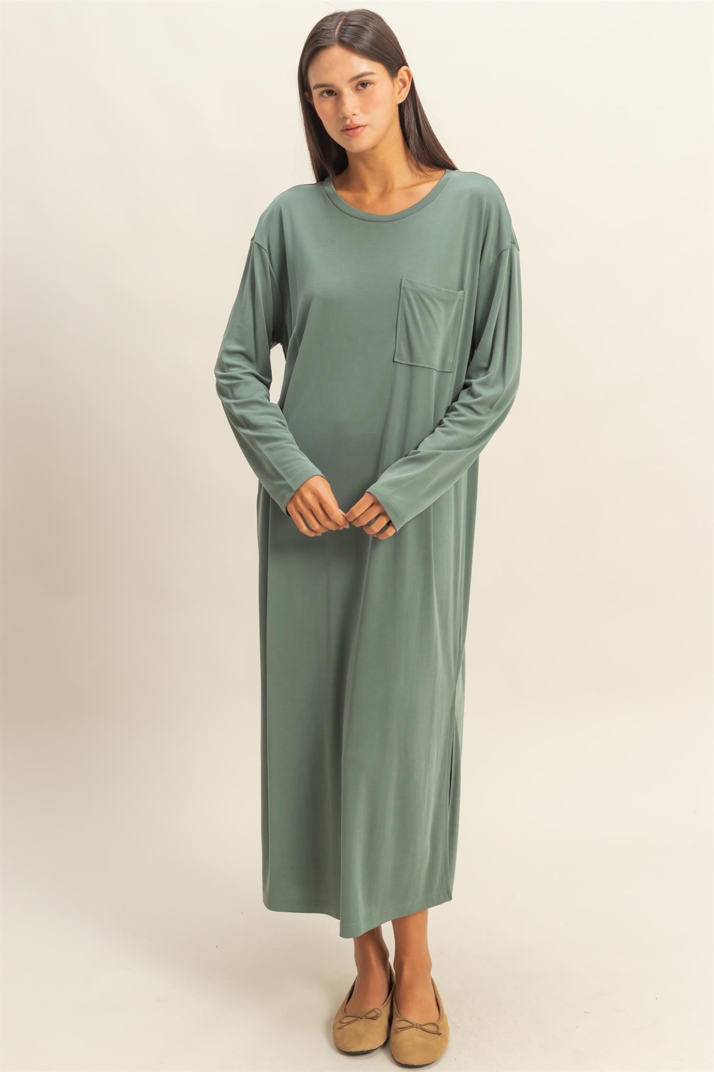Light Olive Oversized Long Sleeve Midi Dress