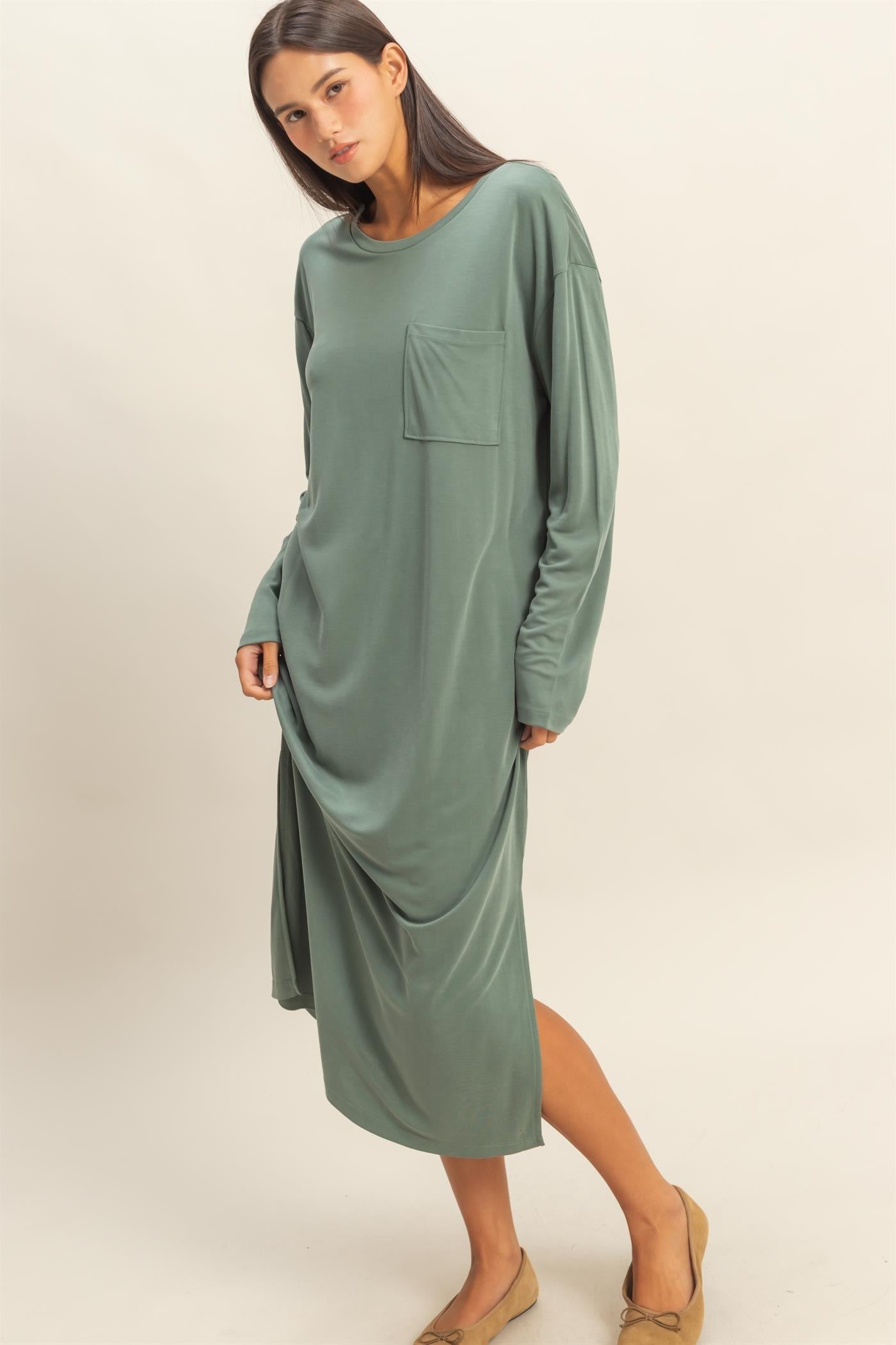 Light Olive Oversized Long Sleeve Midi Dress
