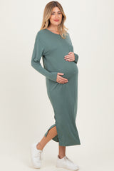Light Olive Oversized Long Sleeve Maternity Midi Dress