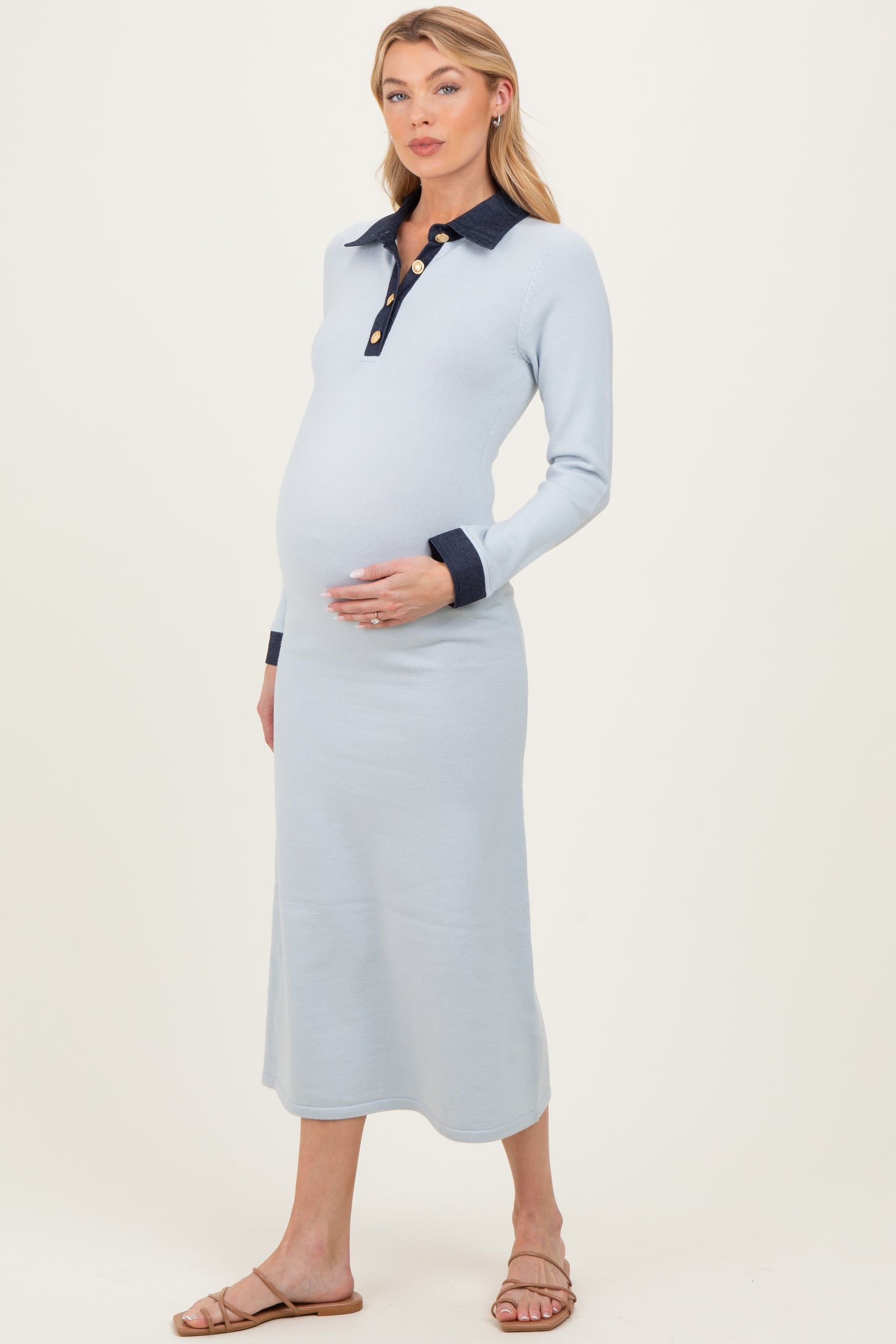 Light Blue Denim Trim Maternity Knit Dress