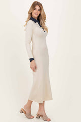 Cream Denim Trim Knit Dress