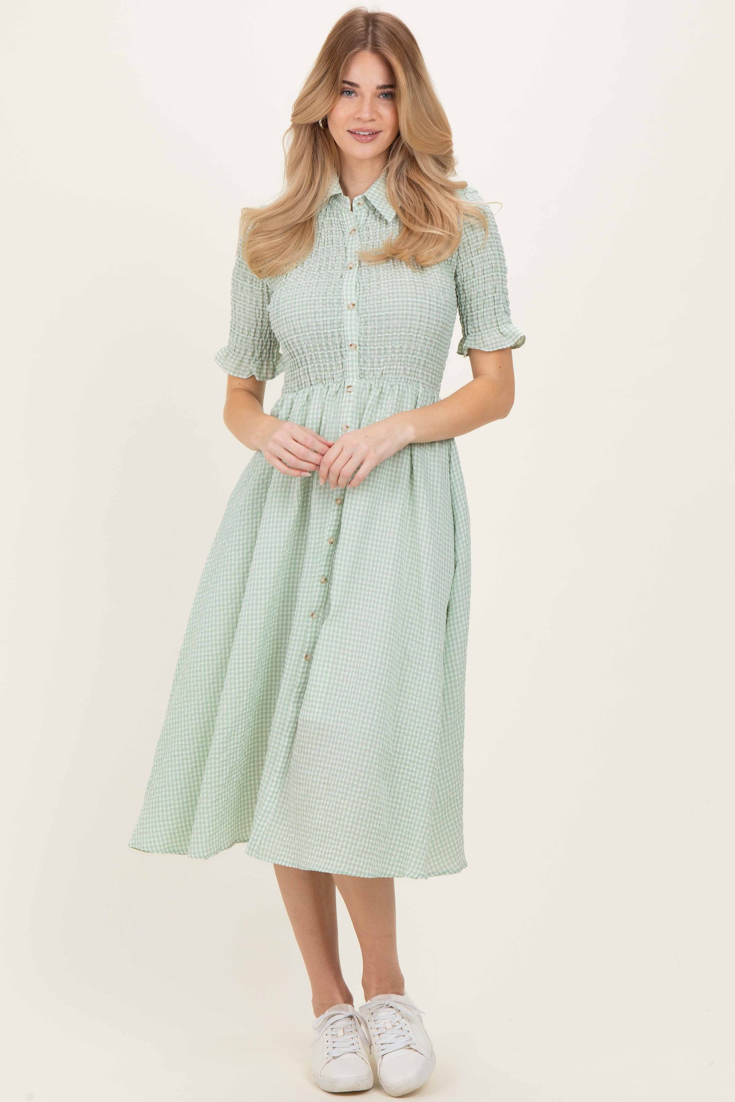 Sage Gingham Smocked Button Down Maternity Midi Dress