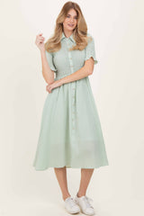 Sage Gingham Smocked Button Down Midi Dress
