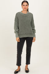 Olive Washed Side Slit Oversized Sweater