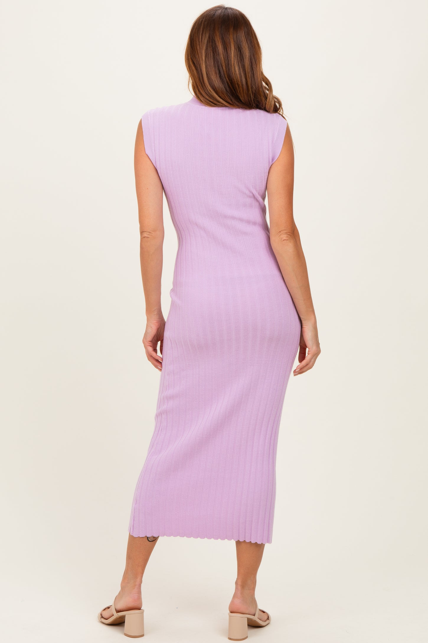 Light Pink Ribbed Knit Mock Neck Maxi Dress